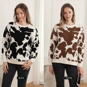 COW PRINT CREW NECK MICROFIBER SWEATER